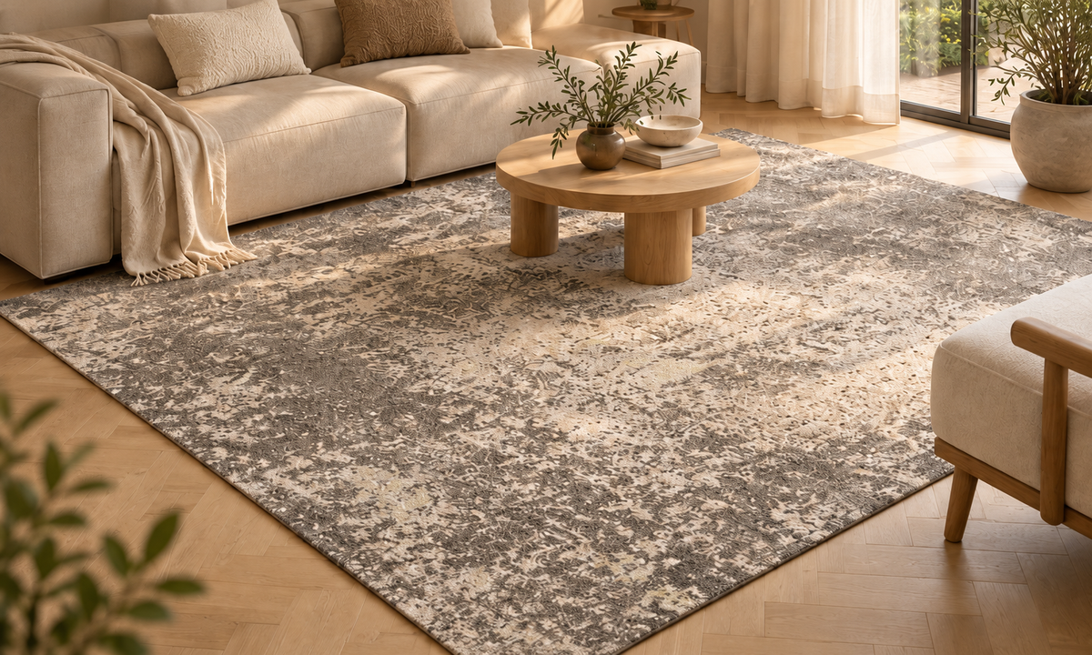 Dream Dark Grey Beige vloerkleed in een warme zithoek
